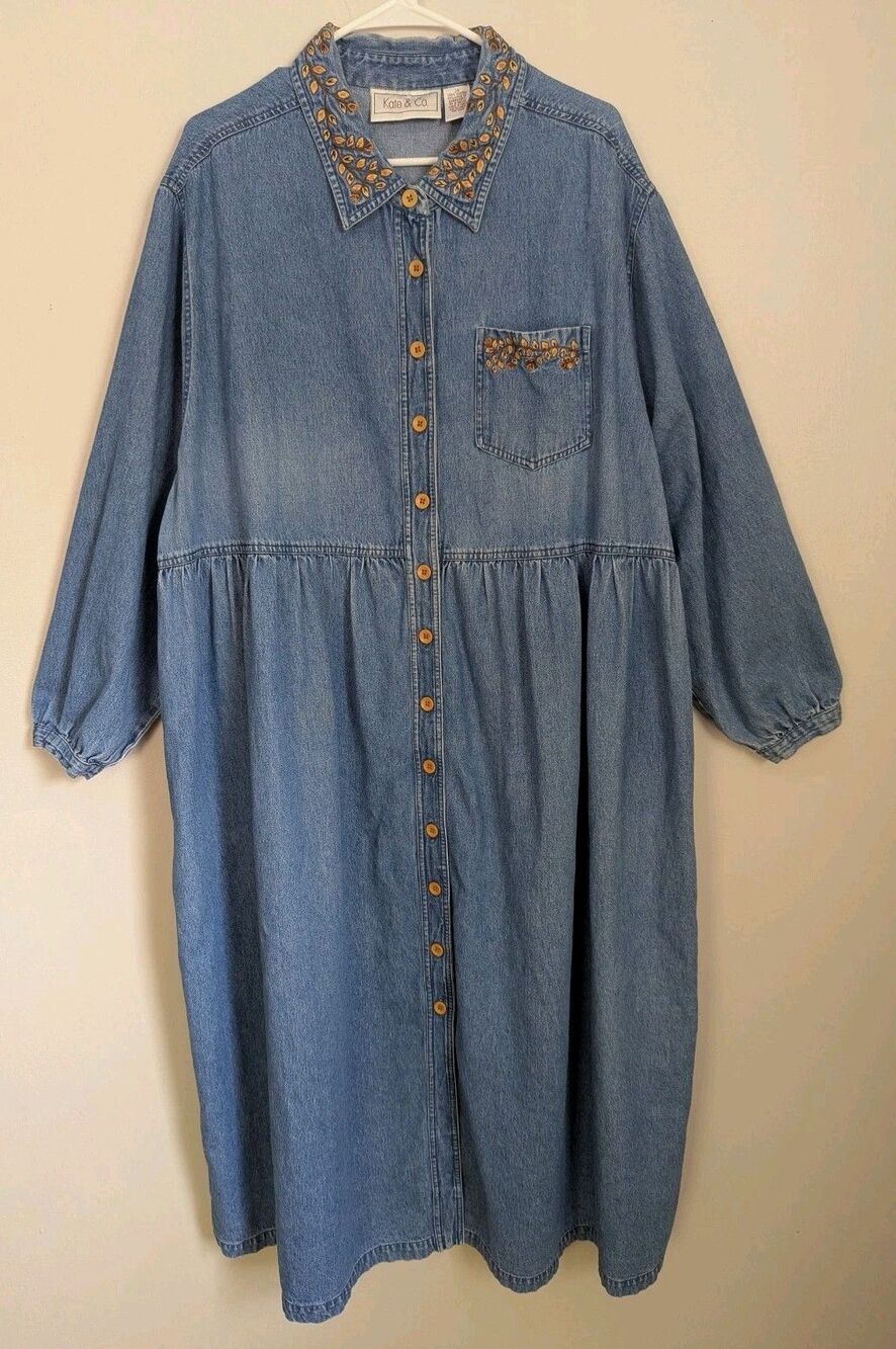 Vintage Plus Size Denim Maxi Dress 3X Cottagecore Embroidery Pockets Soft Washed
